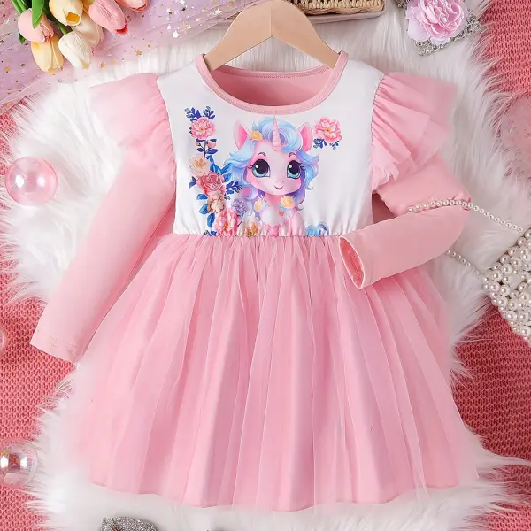 【2Y-8Y】Girls Pink Unicorn Print Mesh Long Sleeve Dress - Popopieshop.com 