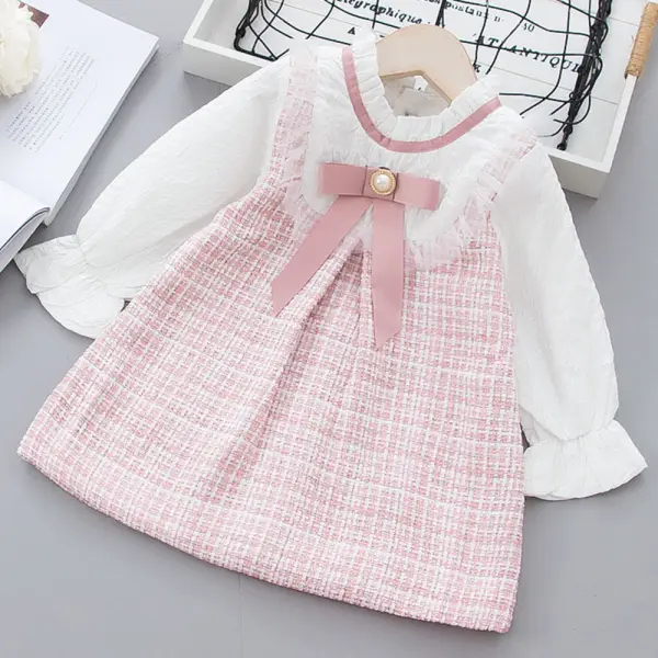 【18M-6Y】Girls Tweed Bow Long Sleeve Dress - Popopieshop.com 