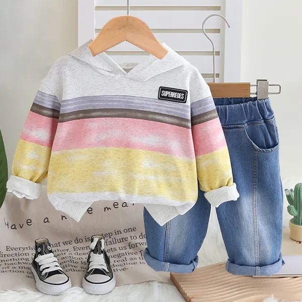 【12M-5Y】2-piece Boys Casual Cotton Striped Print Hooded Sweatshirt And Jeans Set - Popopieshop.com 