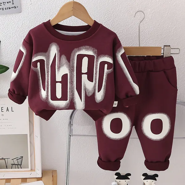 【12M-5Y】2-piece Boys Casual Graffiti Print Round Neck Sweatshirt And Pants Set - Popopieshop.com 