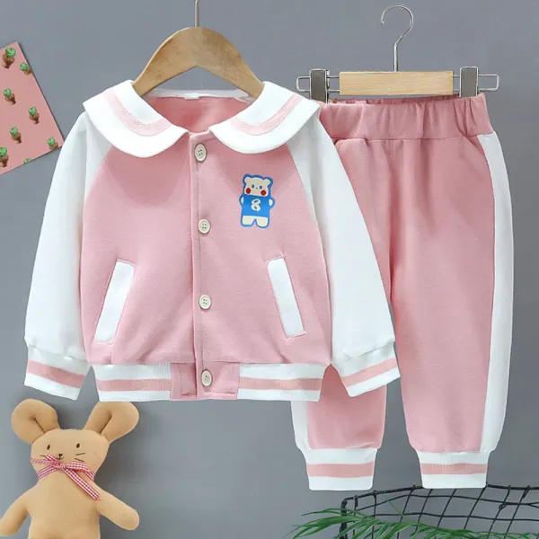 【12M-6Y】2-piece Girls Casual Cartoon Print Doll Collar Colorblock Coat And Pants Set - Popopieshop.com 