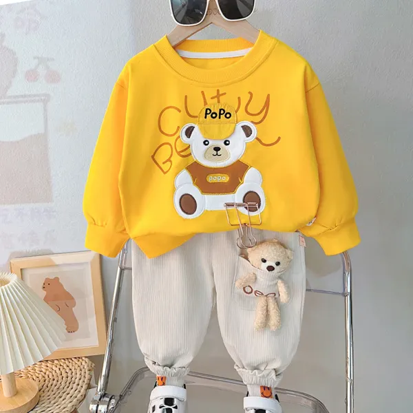 【12M-5Y】2-piece Boys Casual Cartoon Bear Embroidered Round Neck Sweatshirt And Corduroy Pants Set - Popopieshop.com 