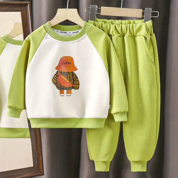 【12M-8Y】2-piece Boy Casual Bear Print Colorblock Round Neck Sweatshirt And Pants Set - Popopieshop.com 