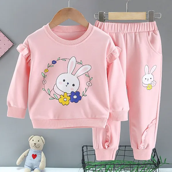 【12M-6Y】2-piece Girls Cute Rabbit Printed Cotton Round Neck Sweatshirt And Pants Set - Popopieshop.com 