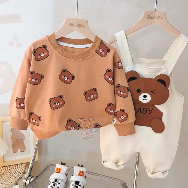 【12M-5Y】2-piece Boys Casual Cute Dinosaur Bear Print Round Neck Sweatshirt And Overalls Set - Popopieshop.com 