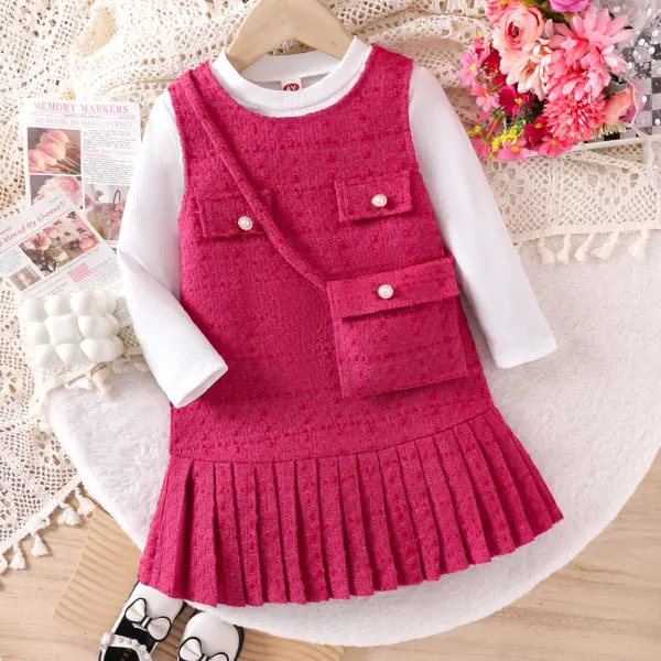 【2Y-7Y】3-piece Girls Elegant White Long-sleeved T-shirt And Pleated Sleeveless Princess Dress Set With Crossbody Bag - Popopieshop.com 
