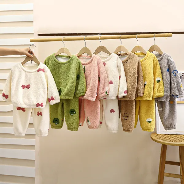 【18M-10Y】2-piece Unisex Cute Plus Velvet Keep Warm Multicolor Pajamas Set - Popopieshop.com 