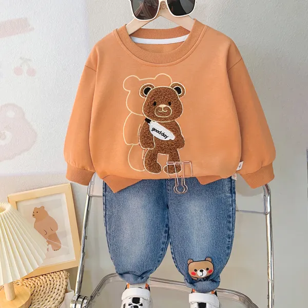 【12M-5Y】2-piece Boys Casual Cartoon Bear Embroidered Round Neck Sweatshirt And Jeans Set - Popopieshop.com 