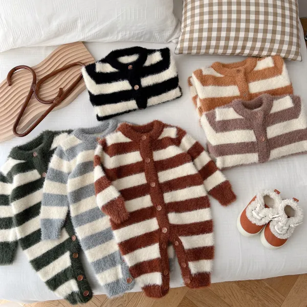 【3M-24M】Unisex Baby Cute Fleeced Keep Warm Stripes Jumpsuit - Popopieshop.com 