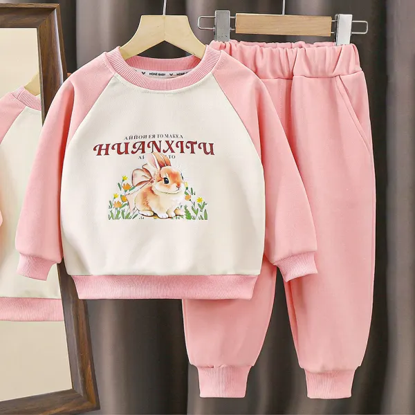 【12M-8Y】2-piece Girls Casual Rabbit Print Colorblock Round Neck Sweatshirt And Pants Set - Popopieshop.com 
