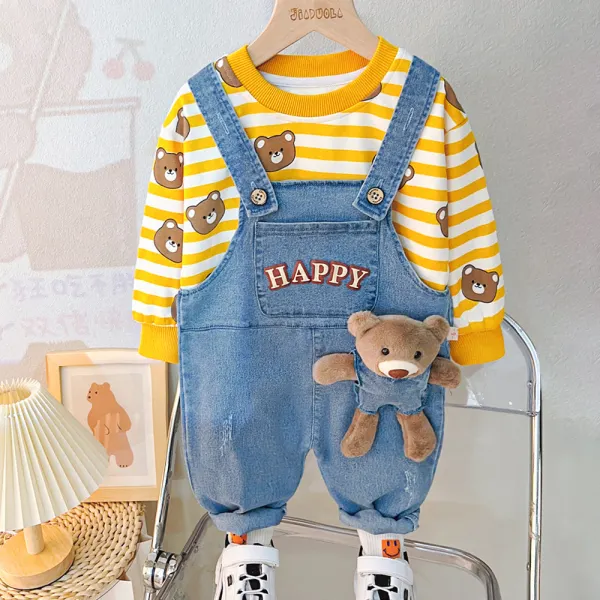 【12M-5Y】2-piece Boys Casual Cute Bear Print Round Neck Sweatshirt And Overalls Set - Popopieshop.com 