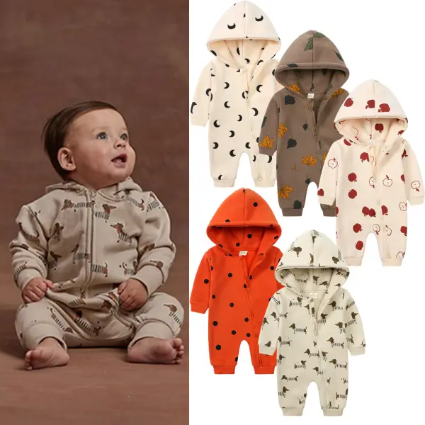 【0M-24M】Unisex Baby Cotton Moon Polka Dot Cartoon Print Hooded Jumpsuit - Popopie.com 