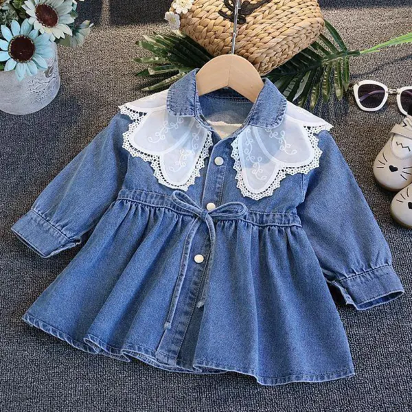 【18M-8Y】Girls Sweet White Lace Shawl Lapel Long Sleeve Denim Dress - Popopieshop.com 