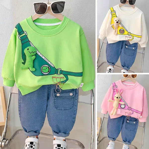 【12M-5Y】2-piece Unisex Cute Animal Crossbody Bag Printed Round Neck Sweatshirt And Jeans Set - Popopieshop.com 