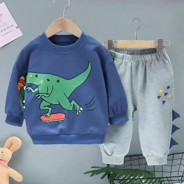 【12M-6Y】2-piece Boys Casual Dinosaur Print Round Neck Sweatshirt And Pants Set - Popopieshop.com 