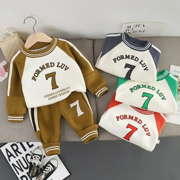 【12M-6Y】2-piece Boys Casual Letter Print Colorblock Round Neck Sweatshirt And Pants Set - Popopieshop.com 