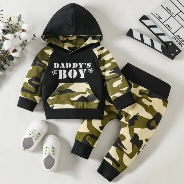 【6M-3Y】2-piece Baby Boys Letter Camouflage Print Hooded Sweatshirt And Pants Set - Popopieshop.com 