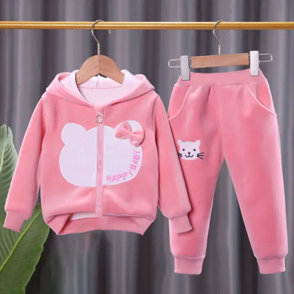 【6M-3Y】2-piece Baby Girl Thick Fleece Cat Embroidered Hooded Jacket And Pants Set - Popopieshop.com 