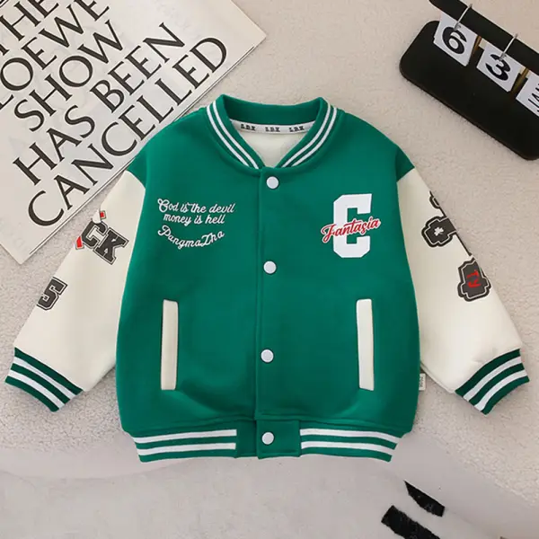 【18M-8Y】Boys Thick Fleece Letter Print Baseball Jacket - Popopieshop.com 