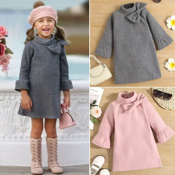 【18M-6Y】Girls Solid Color Tweed Bow Long Sleeve Dress - Popopieshop.com 