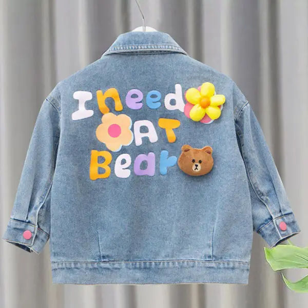 【3Y-10Y】Girls Letter Bear Print Denim Jacket - Popopieshop.com 