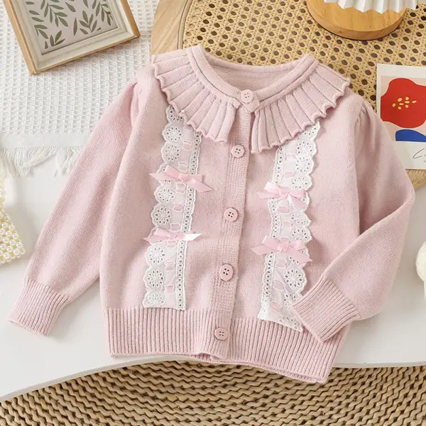 【18M-6Y】Girls Lace Bow Long Sleeve Sweater Cardigan - Popopieshop.com 