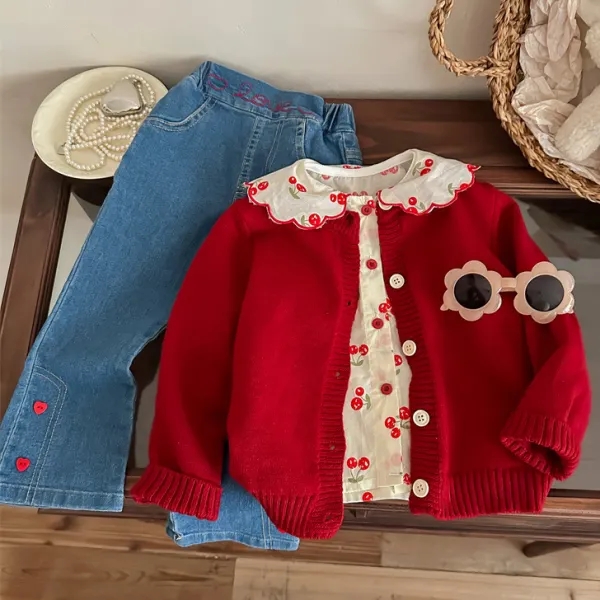 【18M-8Y】Girl Sweet Red Sweater Cardigan And Cherry White Shirt And Blue Jeans Set - Popopieshop.com 