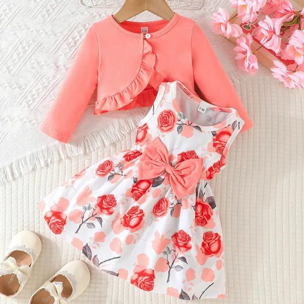 【6M-3Y】2-piece Baby Girls Cute Floral Print Bow Dress And Orange And Pink Cardigan Set - Popopieshop.com 