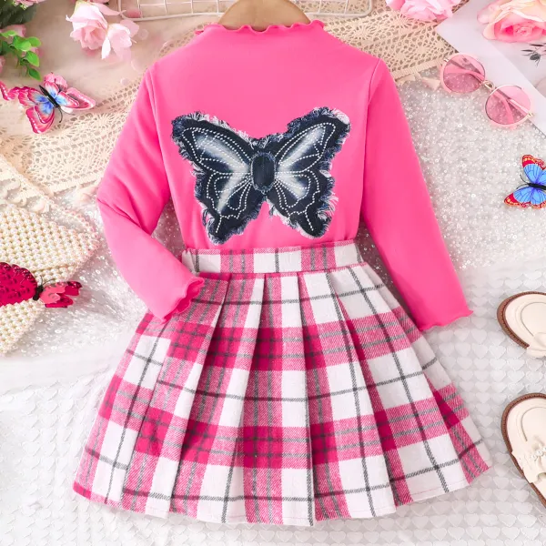 【3Y-7Y】2-piece Girls Stylish Butterfly Embroidered Rose T-shirt And Pink Plaid Pleated Skirt Set - Popopieshop.com 