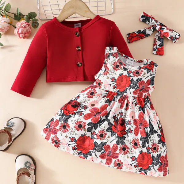 【6M-3Y】3-piece Baby Girls Cute Floral Print Dress And Long Sleeve Cardigan Set With Hairband - Popopieshop.com 