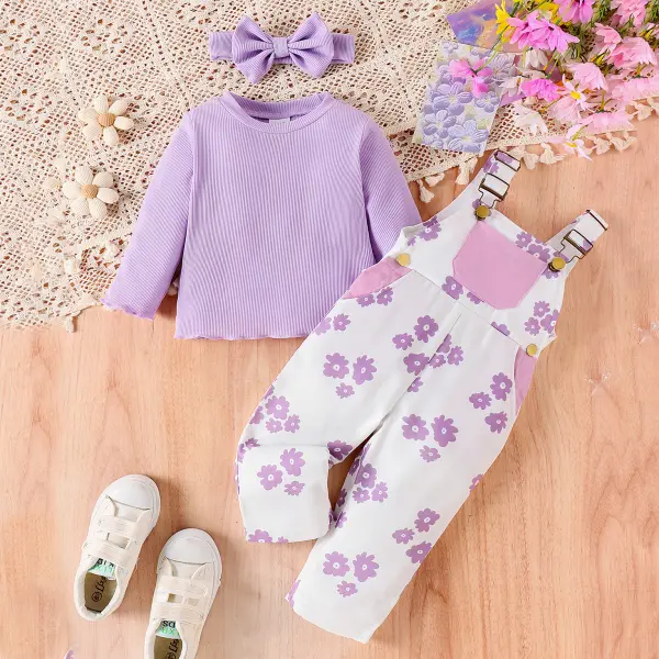 【6M-3Y】3-piece Girls Cute Purple Long-sleeved T-shirt And Floral Print Overalls Set - Popopieshop.com 