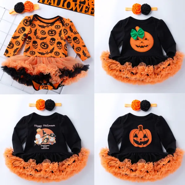 【0M-18M】2-piece Baby Girl Halloween Cute Pumpkin Print StitchingLayered Tulle Long-sleeved Romper With Headband - Popopieshop.com 