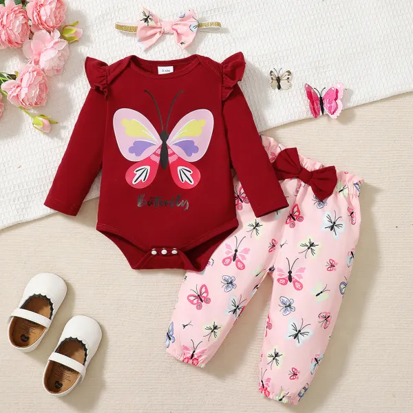 【0M-18M】3-piece Baby Girl Cute Butterfly Print Long Sleeve Romper And Pants Set With Headband - Popopieshop.com 