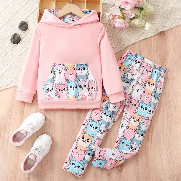 【2Y-8Y】2-piece Girl Cute Cartoon Colorful Kitten Hooded Sweatshirt And Pants Set - 34760 - Popopie.com 