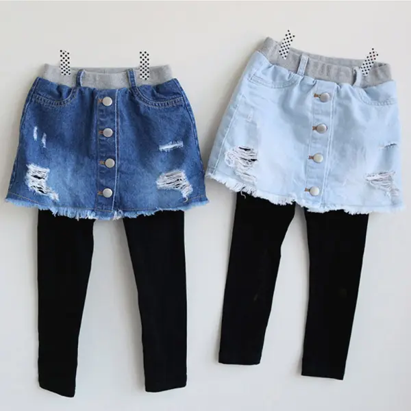 【2Y-12Y】Girls Denim Fake Two Piece Leggings - Popopieshop.com 