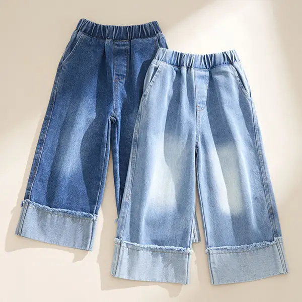 【18M-10Y】Girls Solid Color Denim Wide Leg Pants - Popopieshop.com 