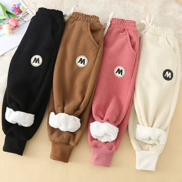 【2Y-15Y】Kids Casual Letter Embroidery Padded Fleece Corduroy Pants - Popopieshop.com 
