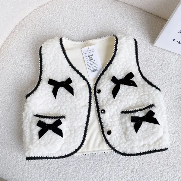 【18M-8Y】Girls Sweet Fashion Bow Design White Fleece Vest Coat - Popopieshop.com 