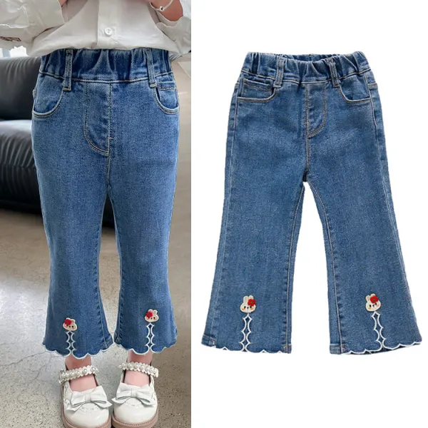 【18M-8Y】Girls Cute Bunny Embroidered Blue Jeans - Popopieshop.com 