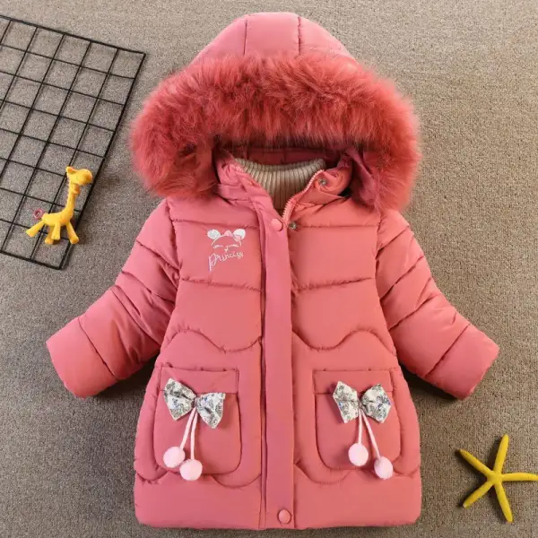【2Y-6Y】Girls Sweet And Stylish Letter Print And Bow Design Padded Hooded Quilted Jacket - Popopieshop.com 