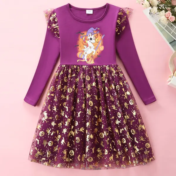 【3Y-8Y】Girls Purple Halloween Unicorn Print Long Sleeve Mesh Dress - Popopieshop.com 