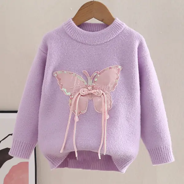 【3Y-10Y】Girls Sequin Butterfly Embroidery Round Neck Long Sleeve Sweater - Popopieshop.com 