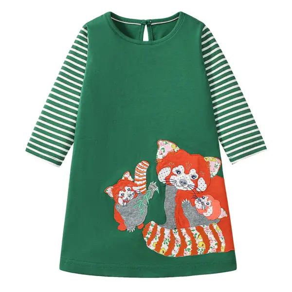 【18M-7Y】Girls Green Striped Cartoon Embroidered Long Sleeve Dress - Popopieshop.com 