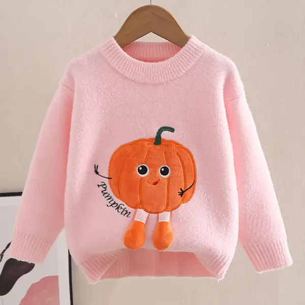 【3Y-10Y】Girls Pumpkin Embroidery Round Neck Long Sleeve Sweater - Popopieshop.com 