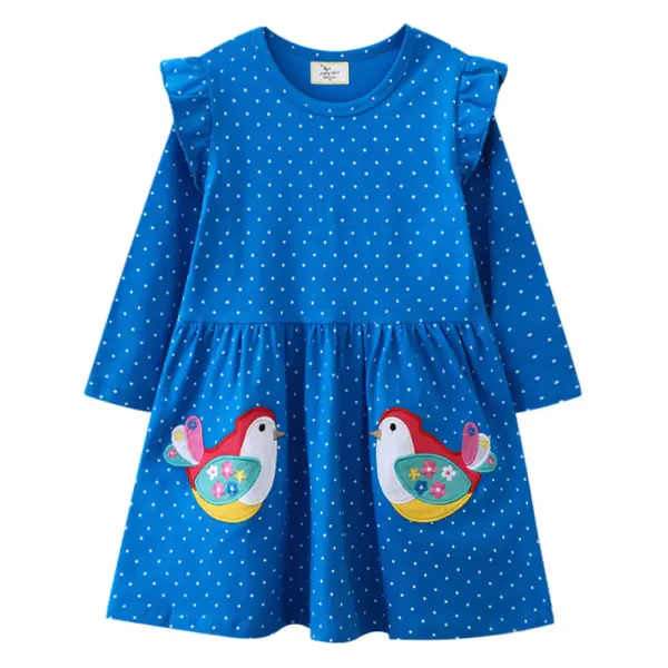【18M-7Y】Girls Blue Polka Dot Bird Embroidered Long Sleeve Dress - Popopieshop.com 