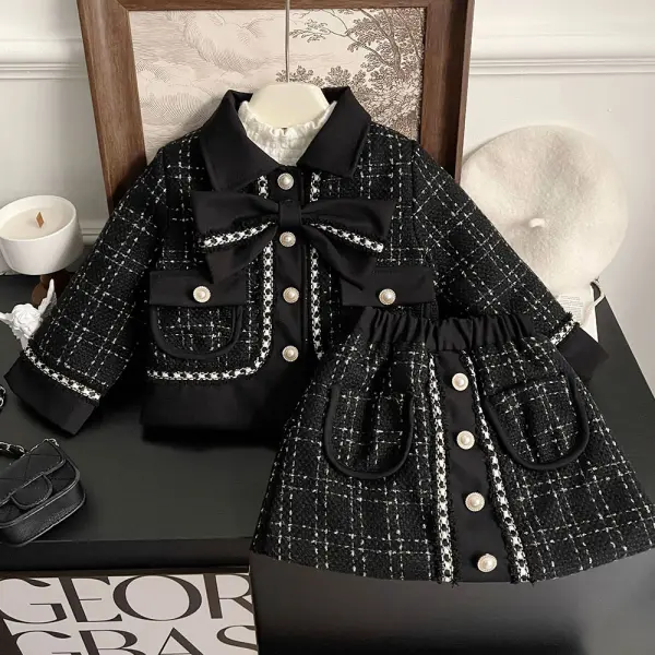 【18M-8Y】2-piece Girls Thick Tweed Plaid Bow Jacket And Skirt Set - Popopieshop.com 