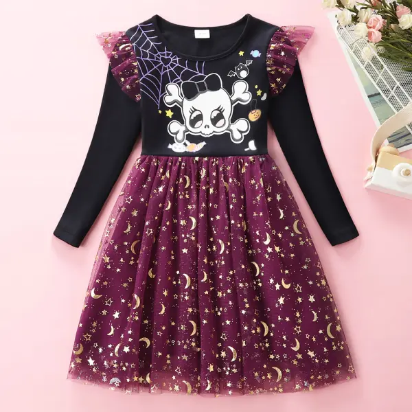【3Y-8Y】Girls Halloween Print Star Mesh Long Sleeve Dress - Popopieshop.com 