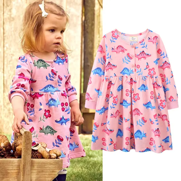 【18M-7Y】Girls Pink Dinosaur Print Long Sleeve Dress - Popopieshop.com 
