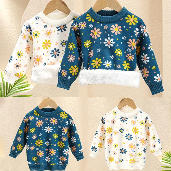 【6M-5Y】Girls Sweet Flower Jacquard Padded Fleece Sweater - Popopieshop.com 