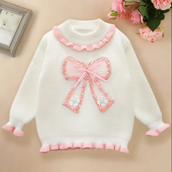 【2Y-7Y】Girls Sweet And Stylish Floral Bow Embroidered Sweater - Popopieshop.com 